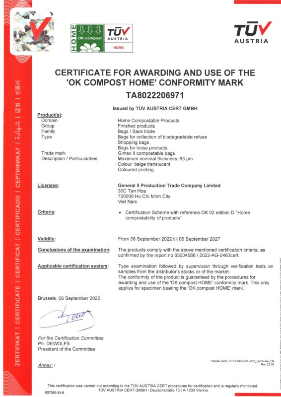 Gimex II đạt được chứng nhận OK COMPOST HOME được cấp bởi TÜV AUSTRIA
