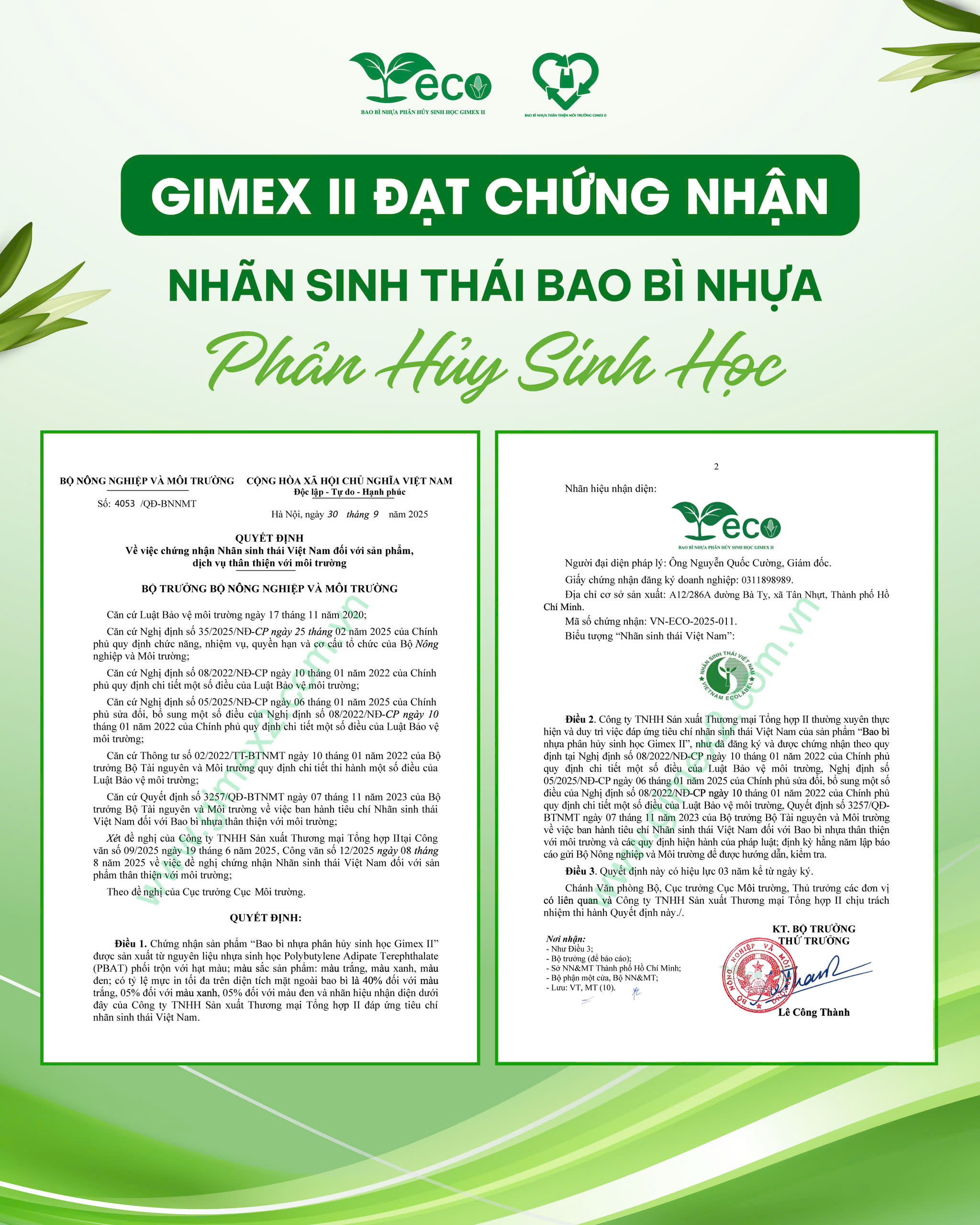 Gimex II đạt chứng nhận bao bì nhựa phân hủy sinh học
