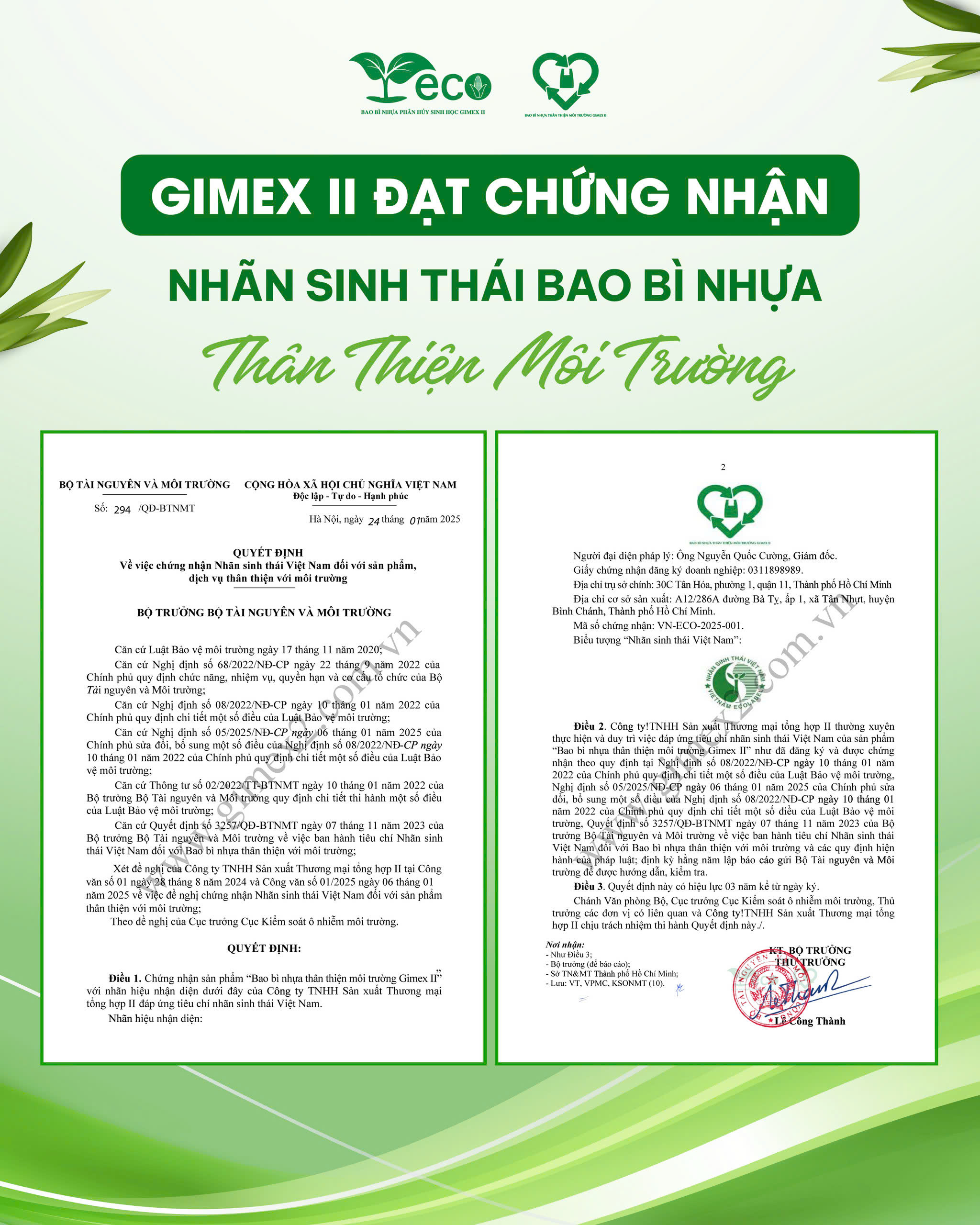 Gimex II vinh dự đạt chứng nhận bao bì nhựa thân thiện môi trường