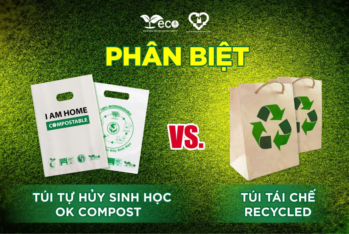 Phân biệt túi tự hủy sinh học OK Compost và túi tái chế Recycled