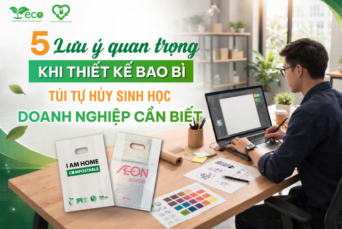 Nhà sáng tạo nội dung đang thiết kế bao bì túi tự hủy sinh học chuyên nghiệp trên máy tính cho doanh nghiệp.