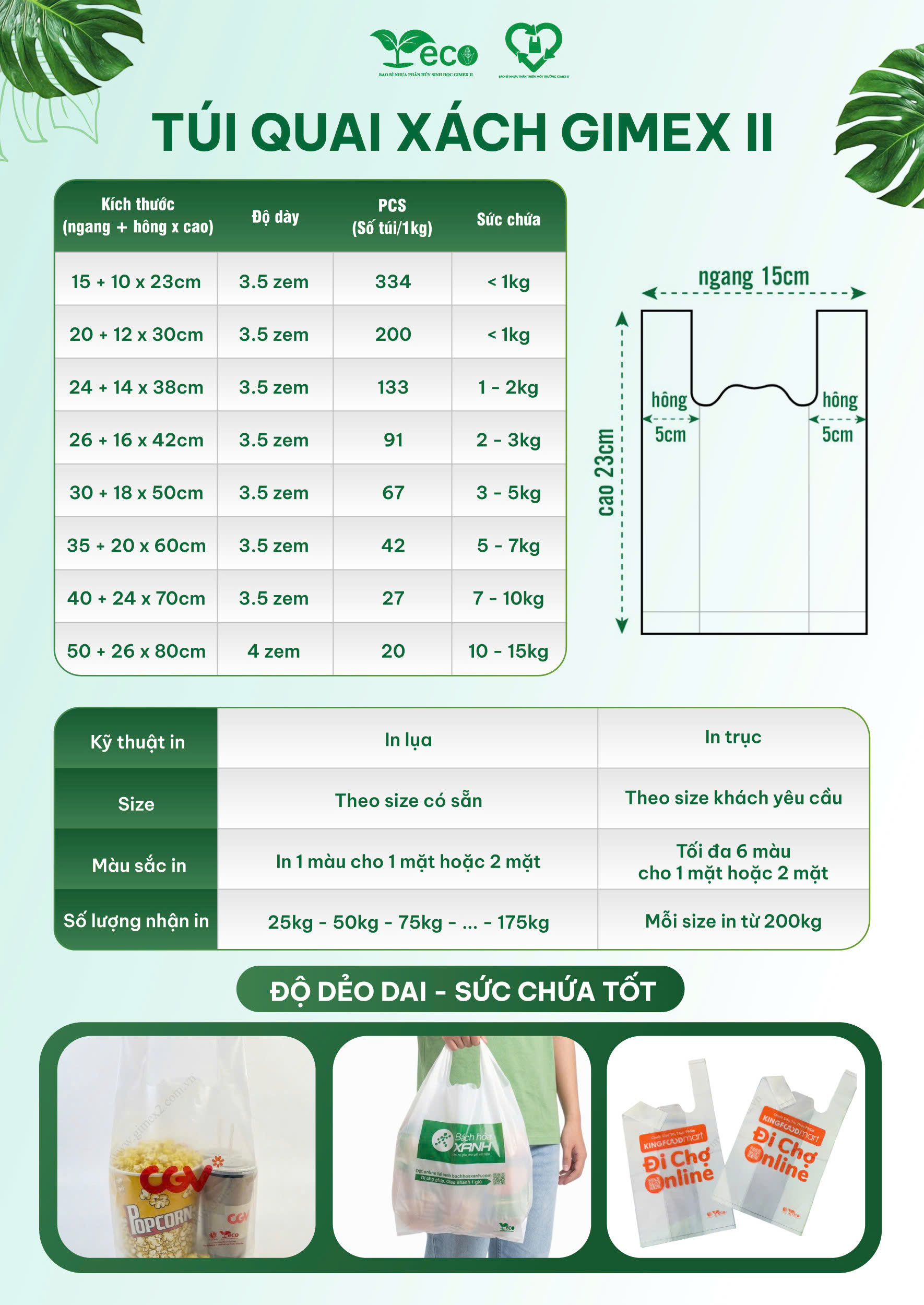 Bảng thông số túi quay xách phân hủy sinh học Gimex II